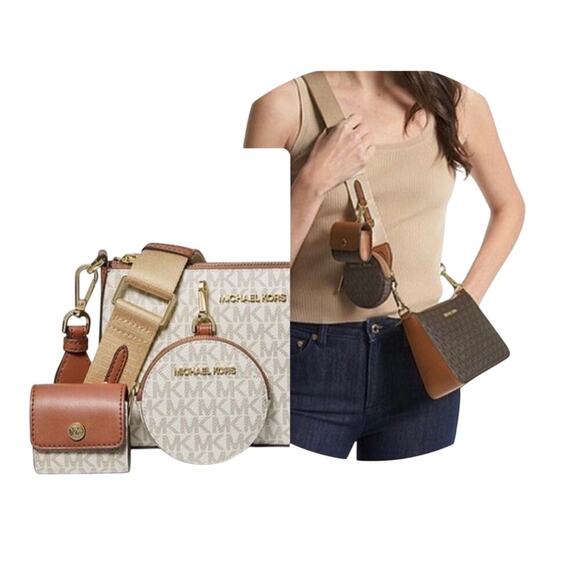 Michael Kors White/Tan Jet Set Logo Crossbody Bag with Case  Apple AirPods Pro - Picture 13 of 14